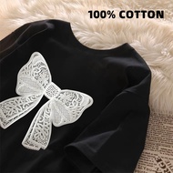 【220G 100%Cotton】Korean fashion blouse Bownot print Tshirt pink tshirt casual tops 0402