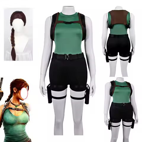 Tomb Cosplay Lara Costume Wig Lara Croft Green Vest Black Shorts With Bag Outfit Halloween Play Unif
