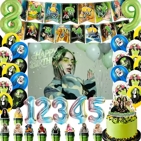 Billie Eilish Theme Fans Birthday Party Decor Supplies Female Singer Cake Topper Balloon Banner Supp