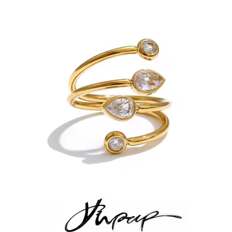 Yhpup Stainless Steel Zirconia Teardrop Round Layered Adjustable Ring New Arrivals Creativity Fashio