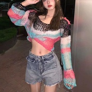 Mesh Top Hot Girl y2k American Hole Blouse Hollow Thin Style Sunscreen Sweet Spicy Knit Sweater yk1