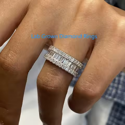 In Platinum 950 Band Ring 1.59ctw Emerald & Round CVD HPHT Lab Grown Diamond DEF VS-VVS Handmade Jew