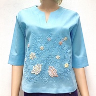 เสื้อลินินแต่งลูกไม้ผ้าฝ้าย (คอเจาะ) ผู้ใหญ่ อก 38" 40" 42" 44" 46 อินกะออย In Ka Oil สีโอรส/ม่วง/เบ