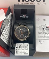 天梭 TISSOT PR100 黑面錶盤 黑色編織鋼帶 三眼 石英