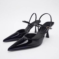Zara's Classy Women's Shoes Black Work Patent Leather High Heel Mules Stiletto Pointed Toe Shoes Shallow Mouth Fashionable Shoes