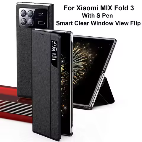 with S Pen For Xiaomi MIX Fold 3 Case Smart Clear Window View Flip Phone Cover For MIX Fold 3 Leathe