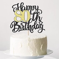 Migeaks Happy 80th Birthday Cake Topper,Black Gold Glitter 80 Birthday Cake Decorations,Hello 80,80