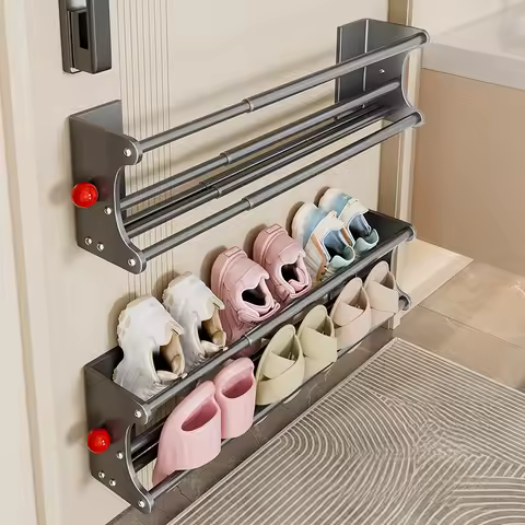 Magnetic Slipper Rack No Drill Wall Mounted Bathroom Slipper Holder Double Layer Drain Shoe Storage 