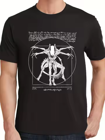 Men's Trendy Symbol Top Tech Alien Men's T-Shirt Black Short Sleeve Casual Style Clothing Graphic Sh