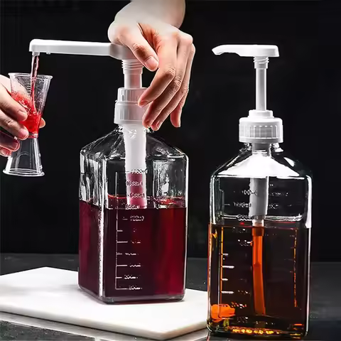 ●Home 1600ml Liquid Dispenser With Scale Coffee Syrup Bee Drip Bottle With Hydraulic Pump Nozzle Hea