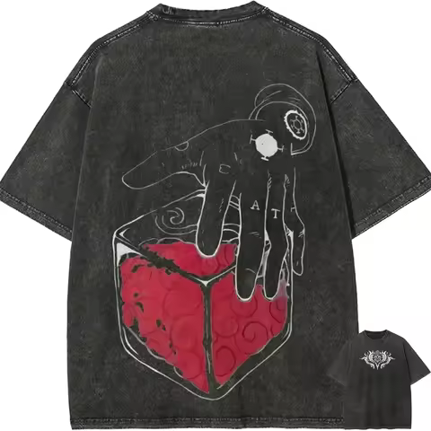 One Piece Men's and Women's Washed T-Shirt Portgas D. Ace Summer Spring Anime Cotton Tee Retro Distr