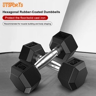 UTSPORTS Dumbbell Rubber Coated Hex Dumbbells 7.5 -15KG with Contoured Chrome Handle