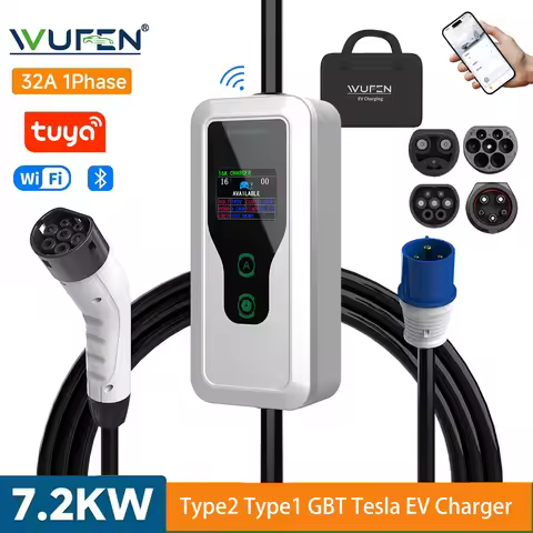 WUFEN J1772 Type2 GBT NACS 1Phase 32A 7KW Portable Charger 5M Wi-Fi Bluetooth Tuya APP Control EVSE 