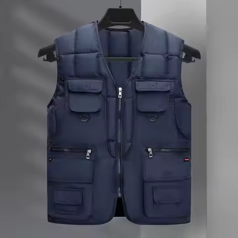 Men Down Vest 10 Pockets Cargo Vest Sleeveless Zipper Placket Vest Coat Multi Pockets Solid Windproo
