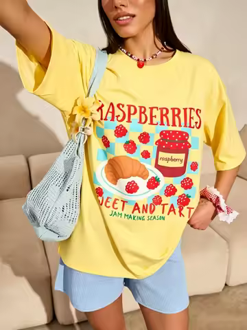 Sweet Strawberry Jam Print Women T-Shirt Y2K O-Neck T Shirts Summer Oversized Female Short Sleeve Co