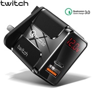 Twitch QC 3.0 USB Charger USB Wall Fast Charging Type C + PD Charger Adapter LED Digital Display Travel Phone Adapter Bl