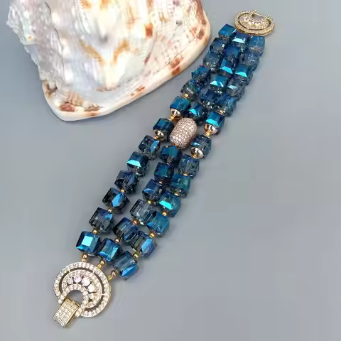KKGEM 3 Strands Faceted Cube Shape Blue Crystal Cubic Zirconia Pave Bead Bracelet 8.5"