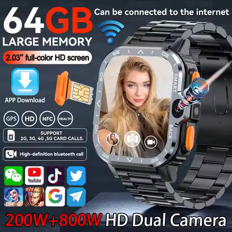 64GB Large Memory APP Download Smart Watch Men 200W+800W HD Dual Camera Video Call 4G/5G SIM Card Wi