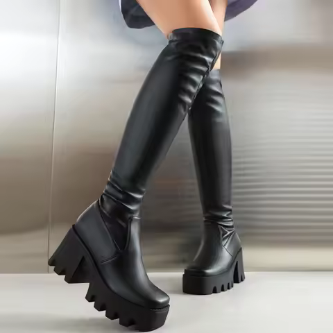 Brand New Plus Size 46 Women's Fashion Over The Knee Platform Boots Square Toe Chunky Heels Casual S