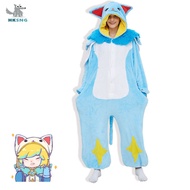 HKSNG High Quality Anime Adult Kigurumi Ezreal Cosplay Onesie LOL Blue Cat Pajamas Cartoon Flannel C