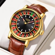 LIGE Men's Watch Fashion Lucky Leather Roulette Waterproof Luminous Quartz