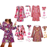 5pcs Set 60s 70s Retro Dress for Women Hippie Disco Costume Accessories Necklace Glasses Earrings Ha