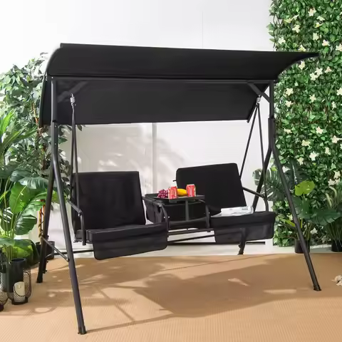 2 Seat Porch Swing with Pivot Table Cooler Bag Cup Holders Removable Cushions Canopy for Patio Backy