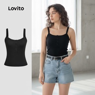 Lovito Baju Atas Kasual Klasik Versatil Wanita Musim Bunga/Panas Hitam L138ED169