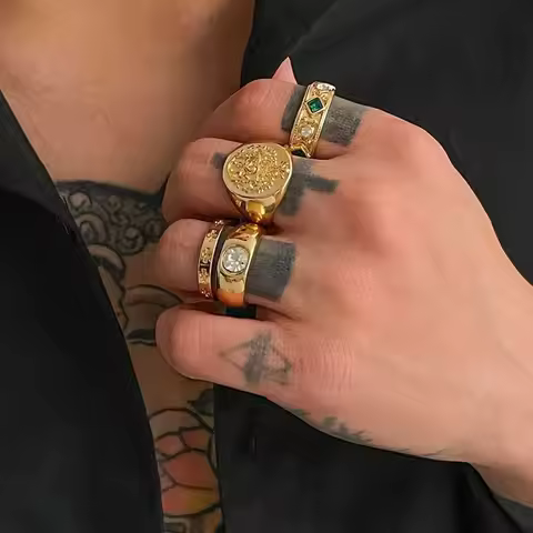 IngeSight.Z 4Pcs/Set Rhinestone Open Adjustable Rings Finger Men Punk Gold Color Geometric ​Finger R