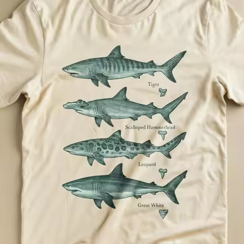 Shark Species T-Shirt, Vintage Style Marine Biology Tee, Natural Cotton Great Tiger Hammerhead Leopa