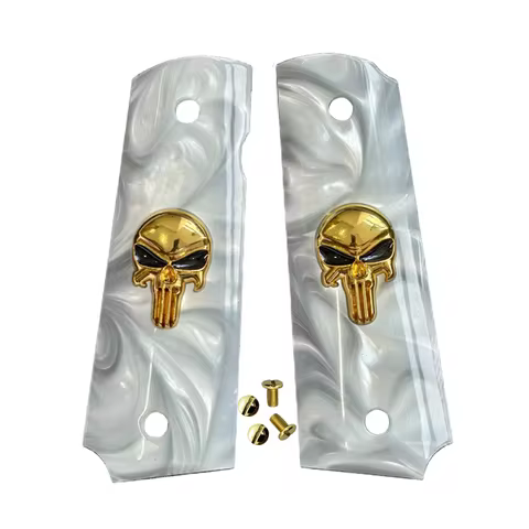 1911 Grips Full Size,White pearl Gold Skull black eyes,Fits Colt,Kimber,Springfield,Remington,Rock I