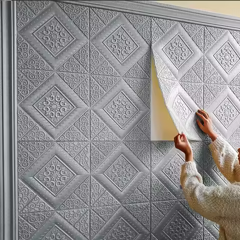 5pcs 70x70cm Self-adhesive 3D Background Wallpaper Foam Ceiling Wall Sticker Waterproof Moistureproo