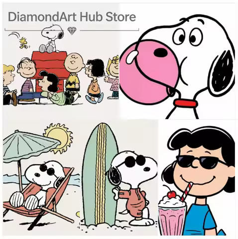 5D DIY Diamond Painting Cute Snoopy Peanuts Cartoon Art, Summer Beach Scenes, Snoopy Surfing, Blow B