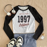 Tween Girl Casual Retro 1997 Print Black & White Patchwork Cropped Fitted Crew Neck Raglan Sleeve Pu