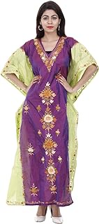 Shaded Poly Silk Kashmiri Aari Work Designer Kaftan Maxi Dress Beachwear Cover Up + Owl Earring