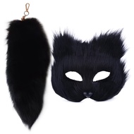 Therian Mask Therian Set Tail Cat Mask Furry Mask ＆ 16'' Long Fox Tail Wolf Mask Keychain Half Face 