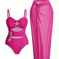 [Plus Size] 2-Piece One-Piece Swimsuit Set With Starfish Decoration Matching Long See-Through Cover