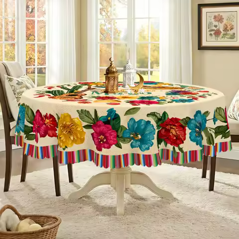 Mexican-Style May Festival Tablecloth, Vibrant and Exotic, with Prints of Delicate Flowers, Food, Ca