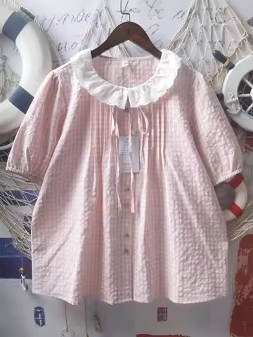 Deeptown Japanese Style Kawaii Blouses Women Sweet Lolita Lace Up Tops Pink Plaid Shirts Shoujo Girl