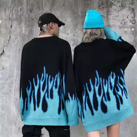 New Winter Autumn Sweater Women Men Casual Long Sleeve Blue Flame Oversized Pullover Sweater Loose B