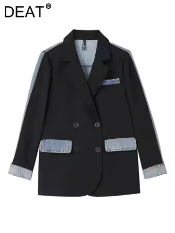 DEAT Women's Blazer Notched Collar Patchwork Denim Double Breasted Panelled Elegant Suit Jackets Sum