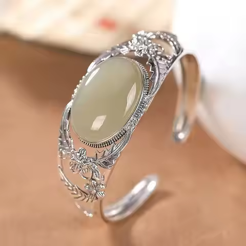 Vintage silver inlaid natural Hetian jade flower hollow bangles for women elegant ethnic style weddi