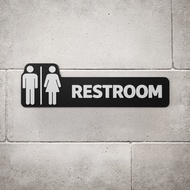 3D Bathroom Sign Minimalist Style – RESTROOM With Male And Female Icons Black And White Embossed Let