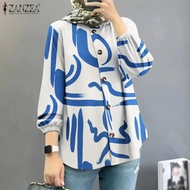 HijabFab ZANZEA Muslimah Women Muslim Casual Puff Sleeve O-Neck Blouse Simple Printed Shirts Baju OOTD Tops #24