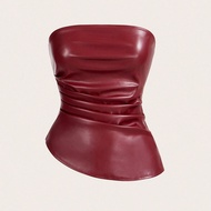 เสื้อผ้าผู้หญิงไซส์พิเศษแฟชั่นฤดูใบไม้ร่วงและฤดูหนาว เรียบหรูและสบายสีไวน์แดง หนังPUIคอหม้อตุ๊กตา เส