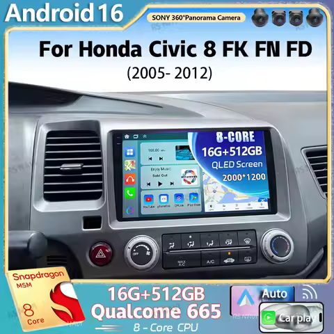 Android 16 For Honda Civic 8 FK FN FD 2005 - 2012 2K QLED Android Car Radio Multimedia Video Player 