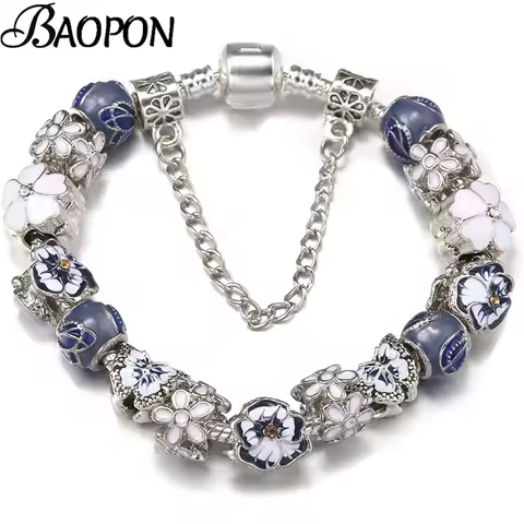 BAOPON Spring Styles Butterfly Pansy Beads Charm Bracelets DIY Fine Bracelets For Women Men Fiancee 