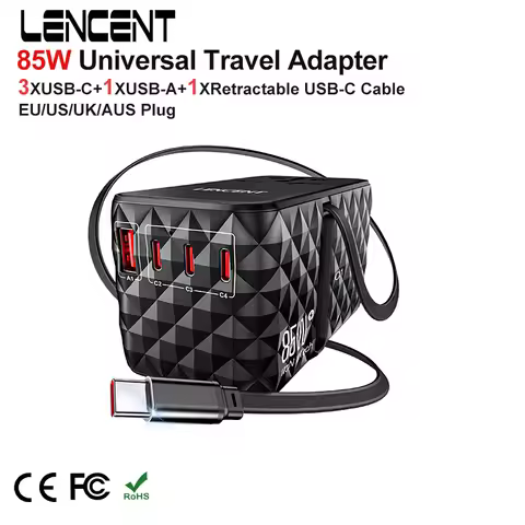 LENCENT 85W GaN Universal Travel Adapter with 1USB-A +3 Type C +1USB-C +1Retractable USB-CFast Charg