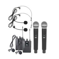 Wireless Microphone Professional UHF Wireless Mic System Handheld Dual Microphone with Receiver Wearable Transmitter Headworn and Lavalier Microphones for Meeting Party Church DJ W