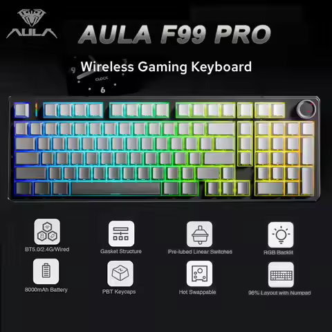 AULA F99 Pro E-sports Gaming Mechanical Keyboard Three Mode RGB Hot Swappable 96% PBT Custom Wireles